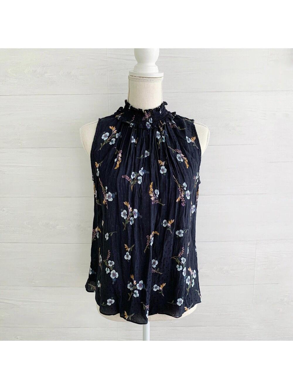 Rebecca Taylor Navy Floral Crinkle Silk Smocked Neck Sleeveless Top 4